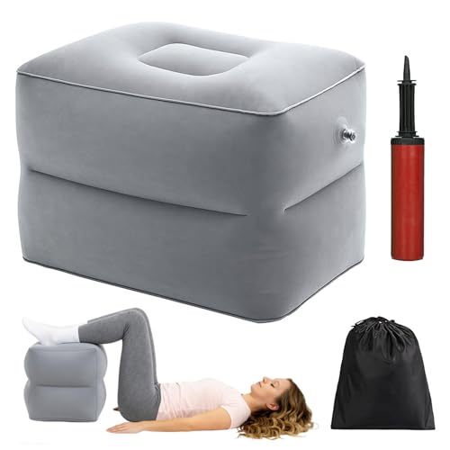 Reposapiés Inflable, 40 x 32 x 30 cm Almohadas Inflable para Taburete, Portátil Viajes Reposapies con Bomba, Almohada Hinchable Pies, para Uso en el Coche y el Avión, Gris