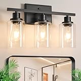 Ascher Bathroom Vanity Light Fixtures, 3 Light Wall Sconces Lighting with Clear Glass Shade, Black Wall Lights for Mirror, Kitchen, Living Room, Gallery, Hallway, E26 Base (Bulbs Not Included)