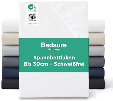 Bedsure Spannbettlaken 180x200cm Bettlaken Mikrofaser - bis 30cm, Weiß | Spannbetttücher mit Gummizug & Tiefe Tasche, für Boxspringbett und Dicke Matratzen, Atmungsaktiv & Schnellt