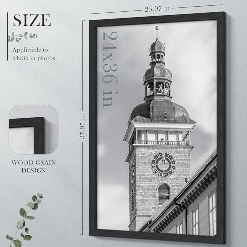 Image of 24x36 Poster Frame Set of 4, Solid Wood Picture Frames, Display 24x36 Photos without Mat, Horizontal or Vertical Wall Mounting Poster Frame, Black Woodgrain