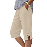 IWOLLENCE Spodenki do kolan damskie z kieszeniami Culottes Letnie spodnie Capri dla Wielkiej Brytanii Split Hem Dekoracyjne drewniane guziki Lekki i oddychający elastyczny pas, Morela, XL