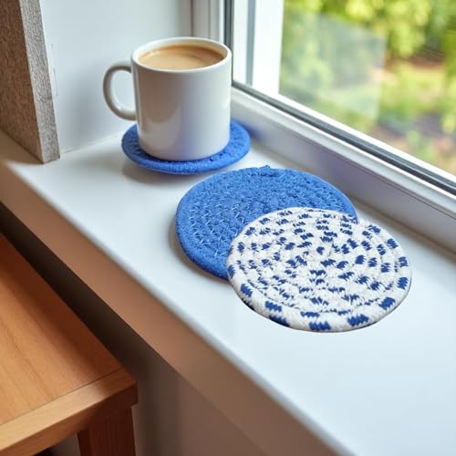 Image of Set of 6 Cotton Drink Coasters - Teal Blue Absorbent Table Mats for Hot & Cold Drinks, Round Fabric Coasters for Dining Table, Tea /Coffee /Cold Drinks- 10 cms