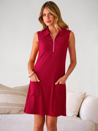 Image of ANRABESS Womens Summer Dresses Casual Sleeveless Ribbed Half Zip Polo Collar Tshirt Dress 2026 Spring Tunics Short Sundress