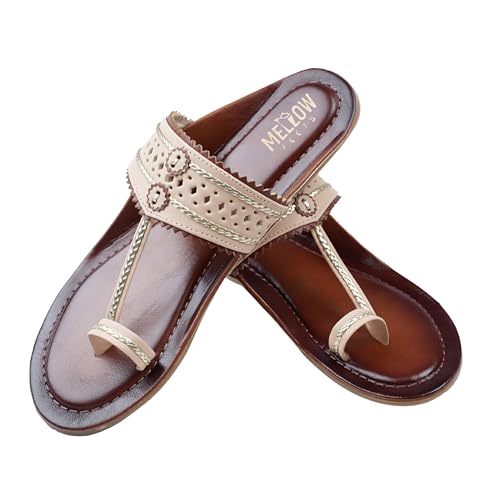 Image of Women's Kolhapuri Sandals - Handcrafted Leather Flats Chappals with Toe Ring, Comfortable Slip-On Ethnic Footwear with Embroidery & TPR Leather Sole