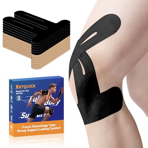 PreCut Kinesiology Tape for Knees, 12PCS(6 Black&6 Beige)Waterproof KTQUICK Knee Tape for Knee Pain Relief Pre Cut, Original Cotton Athletic Knee Tape, Waterproof&Hypoallergenic Latex-Free for Sports