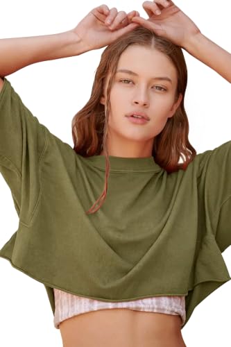Image of HUGOOME Womens Oversized Workout Crop Top Casual Short Sleeve Boxy Roll Hem