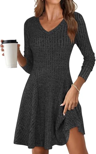 ROFUSSO Strickkleid Damen Langarm Kleider Herbst V Ausschnitt Pulloverkleid Elegant Gestrickt Midikleid Lässiger Knielanger A Linie...