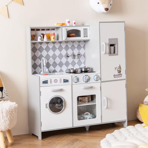 RELAX4LIFE Cucina Giocattolo per Bambini in Legno, Set da Cucina con Microonde, Fornello, Lavatrice, Pentole e Utensili, Effetti Luminosi e Sonori, 91 x 30 x 102 cm (Bianco)