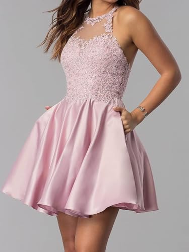 Lace Applique Satin Homecoming Dresses Short Halter Prom Dress with Pockets Backless A-Line Formal Cocktail Gown2