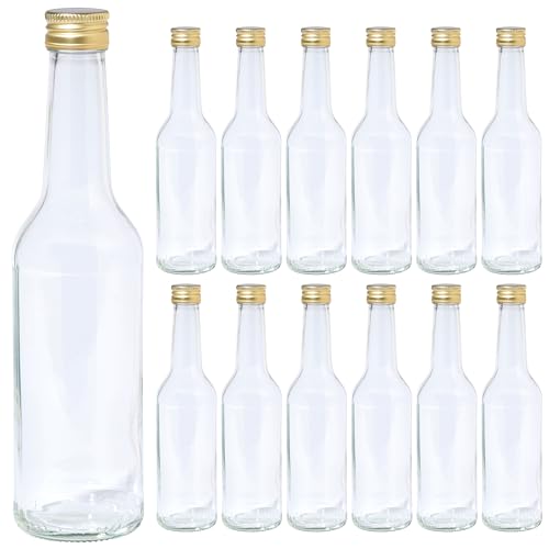 Vitrea 12 botellas de cristal vacías 350 ml, tapón de rosca, color dorado, botellas para rellenar con tapa, para zumo, bebidas, licor, aceite, salsas, 12 unidades, PP28