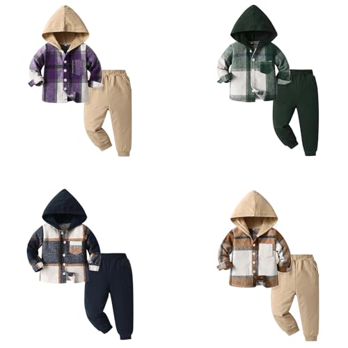 Boys Plaid Hood Sweatshirt Jacket Set Toddler Kids Long Sleeve Button Down Hoodies Outerwear & Sweatpants Sets2