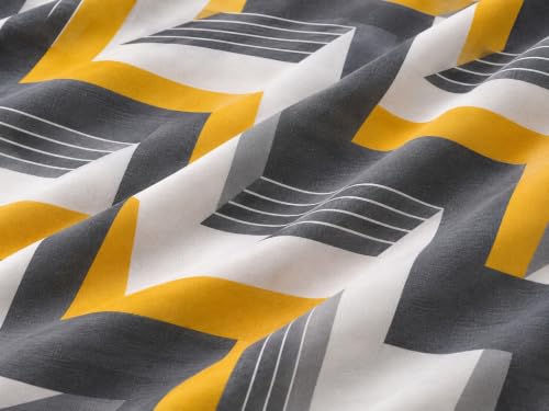 Image of Fitted Bedsheet Yellow Grey & White Geometric Print Glace Cotton 210 TC|Full Single Size for Single Bed Fits 4 x 6.25 ft Mattress (48 x 75 Inch)|All Around Elastic |2 Pillow Covers |7 Inch Deep Pocket