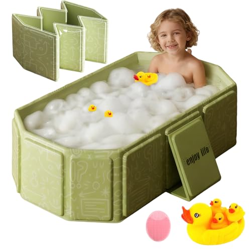 Bañera Bebe Plegable, Bañera Twistshake con 1 Cepillo de Baño, 4 Patos, Lavabo de ducha portátil, Bañera de Ducha Portátil Integrada para Bebés para Niños de 0 a 8 Años (Green)
