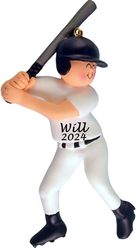 Baseball Player Personalized Christmas Ornament - at Bat - Male - Handpainted Resin - 4.5" Tall - Customize Your Gift - Name and Year
