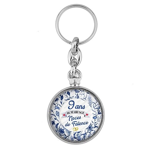BADGMANIA Porte Clés Métal 2 faces Anniversaire 9 ans de Mariage Noces de Faïence | Alliances Anneaux de Mariage | Logo 33mm | Forme ronde