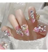 24Pcs Almond Press on Nails Medium Fake Nails Glitter Full Cover Acrylic Nails with Rhinestones a...