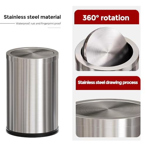 Image of Brushed Nickel Bathroom Trash Can,Stainless Steel Garbage Can with Fild Lid,Small Trash Can for Bedroom,Hotel,Office,Laundry(Sliver)