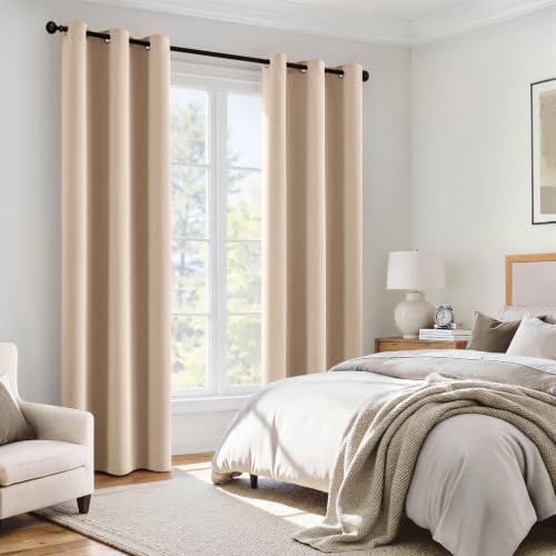 Image of MIULEE Beige 100% Blackout Curtains for Bedroom 90 Inch Long 2 Panels Set | 2 Thick Layers Thermal Insulated Window Curtains with Black Liner, Noise Reducing Grommet, Drapes for Living Room