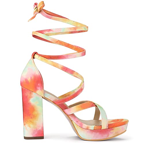 Allegra K Women's Tie Dye Platform Chunky Heel Lace Up Orange Sandals 7 M Us #TOP6
