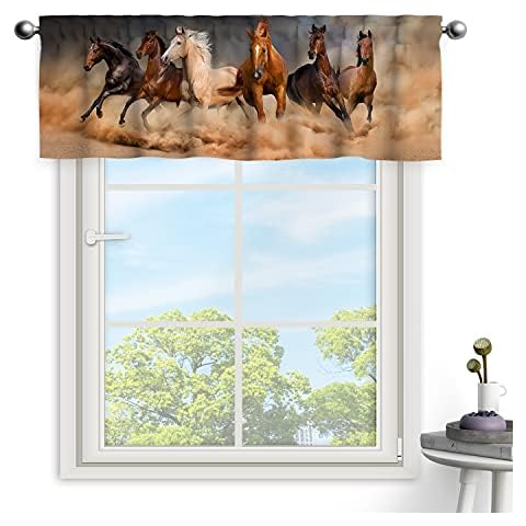 DUISE Window Blackout Treatments Valances Country Theme Pattern Window Curtain Valance, Masculine Running Horses Southwestern Gifts for Equestrians Farm, 52" x 18" Elegant Curtains Valance for Kitchen Cover