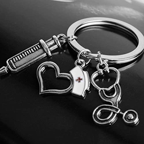 Voarge Llavero de Enfermera, Llaveros Acero Inoxidable, Llavero de Enfermera con Jeringuilla Gorro corazón y Estetoscopio, Enfermera Medicos Estudiante de Medicina Graduacion Regalo
