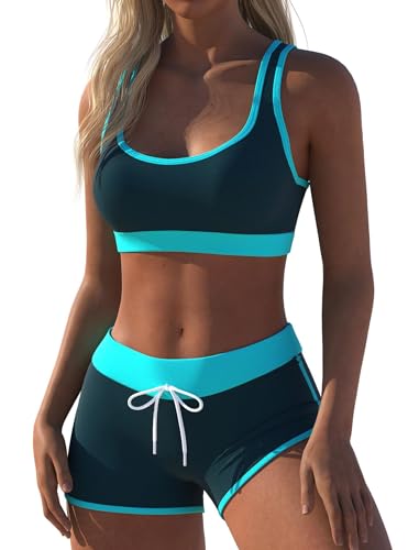 Womens Sport Two Piece Swimsuits Racerback Tops Boyshort Bottom3