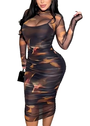 Image of MOEENCN Sexy Long Sleeve Midi Dress for Women Sheer Mesh Printed 2 Piece Skirt Set Crew Neck See Through Bodycon Party