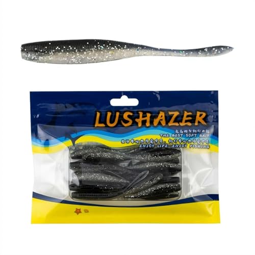 10 señuelos de pesca suaves, cebos de PVC de 10 cm con acción realista de cola y ranuras de gancho ocultas, cuerpo acanalado con purpurina reflectante para pesca de lubina (negro)