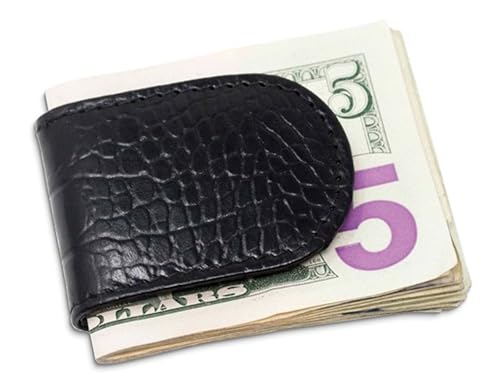 Black Leather Crocodile Grain Magnetic Money Clip