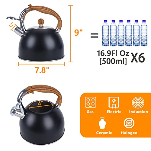 Foedo Tea Kettle, 102 Oz / 3 Liter Tea Pots For Stove Top With Wood Pattern Handle, Food Grade Stainless Steel Whistling Tea Kettle Stovetop-Black #TOP4
