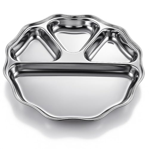 Image of Expresso - Heavy Duty Stainless Steel Round New Dinner Plate w /4 Sections Divided Mess Trays for Kids Lunch, Camping, Events & Every Day Use Kitchenware, 28cm (Pack of 5 Pcs)