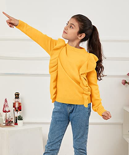 Teurkia Girls Sweaters Long Sleeve Cozy Ruffles Warm Knit Cute Pullover Tops Yellow #TOP2