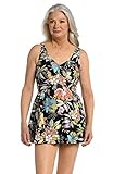 Maxine Of Hollywood Women's Standard Long Tankini Swim Dress (No Panty), Black//Tulum Tiki Floral, 18