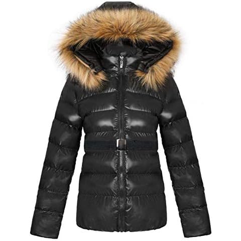 MACCHIASHINE Women's Belted Fur Collar Hooded Down Jackets Long Sleeve Solid Winter Coats Lightweight Ski Outerwear(BL-L) Black Cover