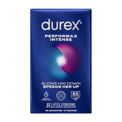 Condoms, Ultra Fine, Ribbed, Dotted with Delay Lubricant, Durex Performax Intense Natural Rubber Latex Condoms, 12 Count, Contains Desensitizing Lube for Men, FSA & HSA Eligible