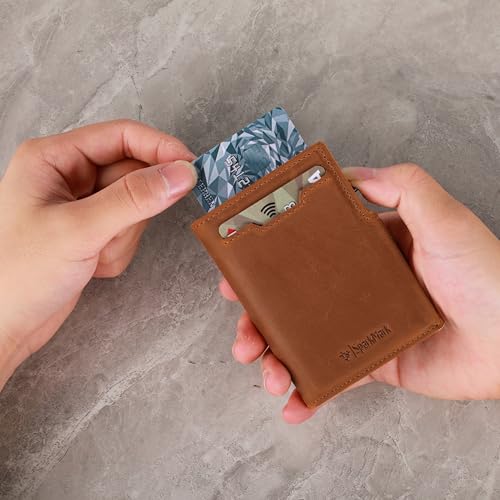 Image of Minimalist Pop Up Wallet for Men | RFID Blocking Credit Card Holder Wallet with Money Clip | Mens Wallet Slim Bifold Front Pocket Metal Case with Gift Box, Light Brown, 2.8 inch x 3.8