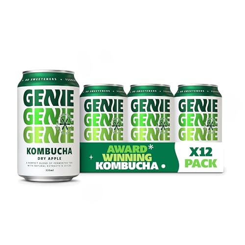 GENIE LIVING DRINKS - Dry Apple Kombucha, Delicious Adult Soft Drinks, Fermented 10 Days for Gut Health, 100% Vegan, No Sweeteners, No Nasties, Made in the UK, Natural Energy, 12 x 330ml Cans