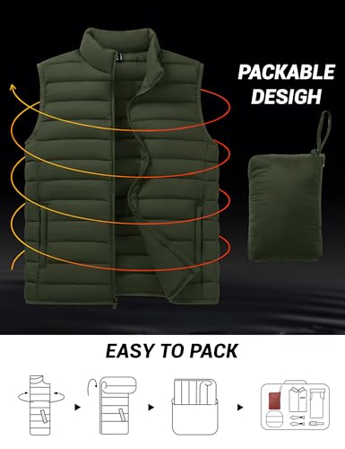 Cotrasen Mens Lightweight Puffer Vest Packable Insulated Puffer Vest Outerwear Winter Zipper Quilted Puffy Sleeveless Jacket Army Green XL3