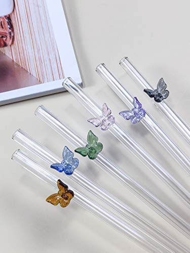 Glasstrohhalme mit Schmetterlingen bunt 6er-Set mit Bürste klar 20cm x 8mm Cover