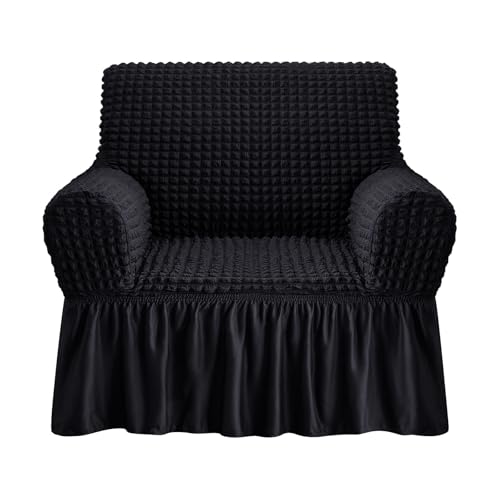 NICEEC Armchair Slipcover Black Armchair Covers 1 Piece Easy Fitted Sofa Couch Cover Universal High Stretchable Durable Furniture Protector with Skirt Country Style (1 Seater Black)