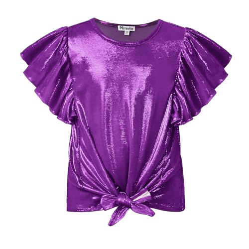 Image of Mirawise Girls Shirts Metallic Tops Clothes Tshirt Ruffle Short Sleeve Tee Size 6-14