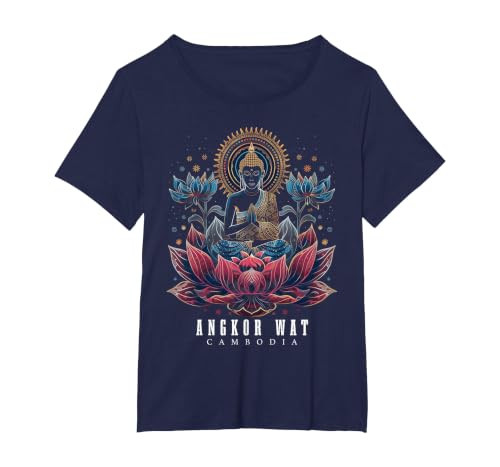 Angkor Wat Cambodia Buddha Vintage Buddhist Souvenir T-Shirt, Women's Plus, Navy Blue, 4X