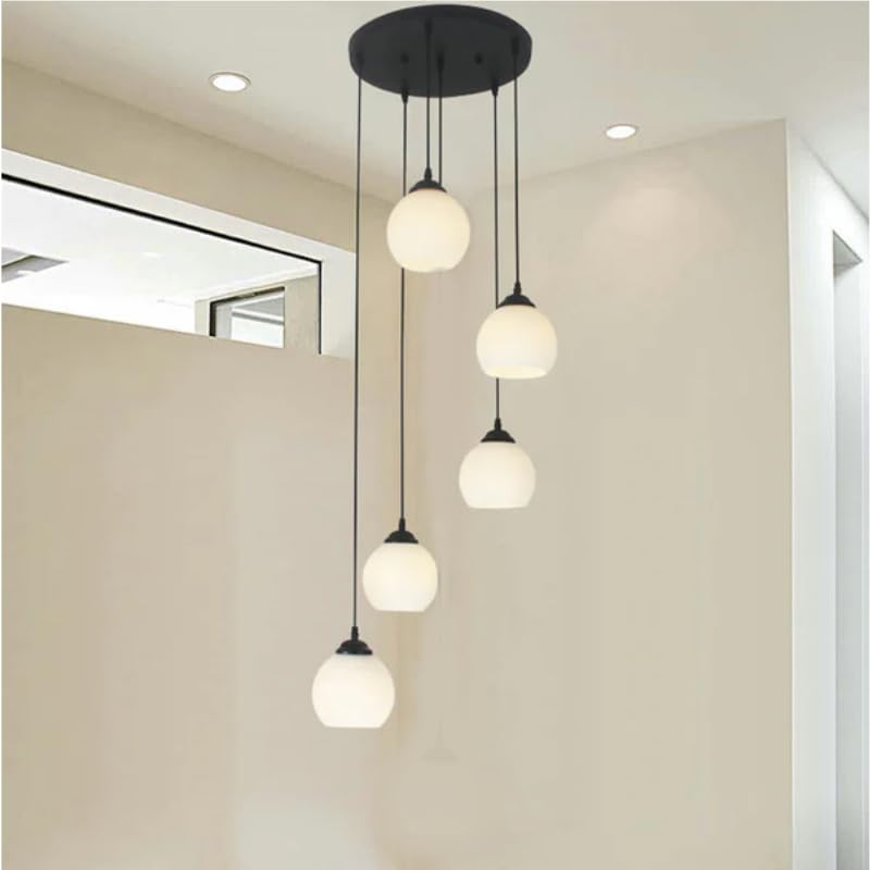 LIGHTZILLIA Modern Pendant Ceiling Light Fixture with 5 Globe Glass Shades – Adjustable Hanging Chandelier for Dining Room, Kitchen Island, Living Room & Bedroom