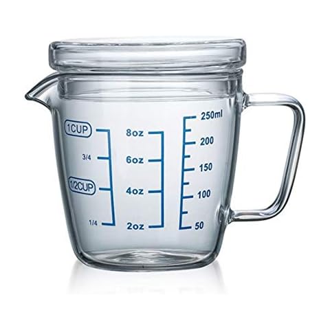 OnePine 250ml Glass Measuring Cup with Lid, Measuring Jug for Kitchen Cover