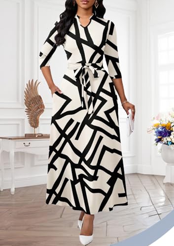 Image of BubFee Maxi Dresses for Women Semi Formal Long Dress 3 /4 Sleeve Casual A-line Church Dresses with Pockets