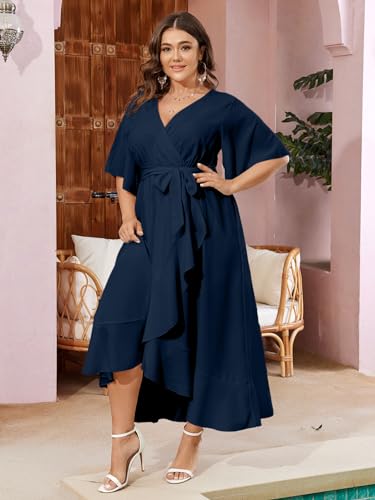 Image of SCOMCHIC Women Plus Size Maxi Dress Short Sleeve Wrap V Neck High Low Split Ruffle Long Dress