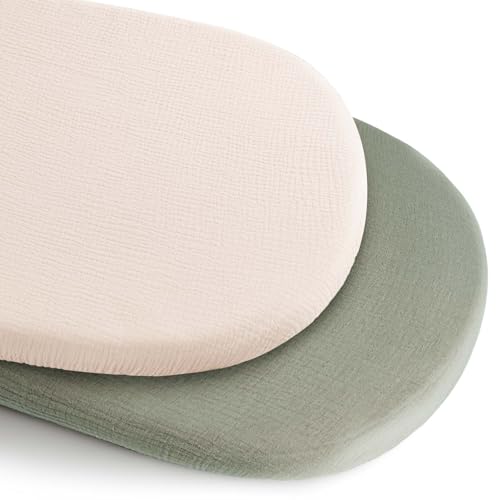 Image of Konssy 2 Pack Muslin Bassinet Sheets for Baby Boy, 100% Cotton Soft Breathable Bassinet Mattress Sheets Fit for Hourglass Oval Cradle Rectangle Mattress (Fog Green,Cream)