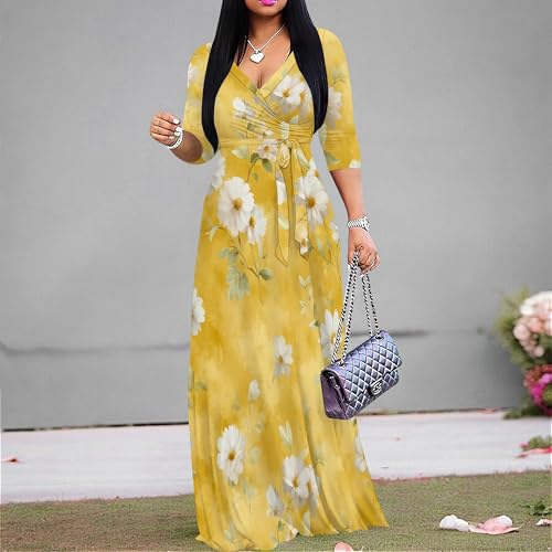 Image of SUZONANA Plus Size Dresses for Women Floral Print Maxi Dress Flowy 3 /4 Sleeve with Belt