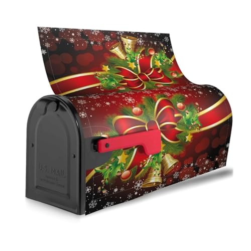 Image of Christmas Bow Bell Red Mailbox Covers Magnetic Mailbox Wraps Post Letter Box Cover Standard Oversize 21 inchX18 inch /25.5 inch X 21 inch Mailwrap Garden Home Decor