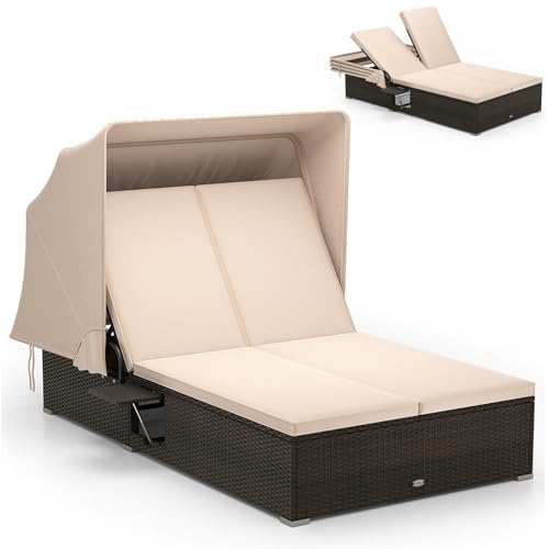 RELAX4LIFE Outdoor Daybed with Retractable Canopy - Wicker Double Chaise Lounge w/6-Position Backrest, 2 Folding Side Trays & Cushions, 2-Seater Loveseat Sunbed for Backyard, Rattan Patio Bed Lounger